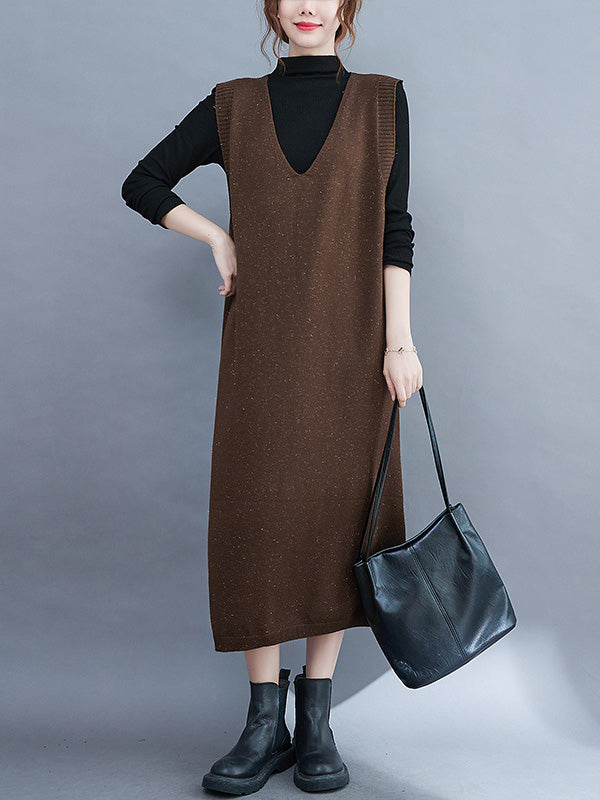 Color Knitting V-neck Sleeveless Sweater Dress