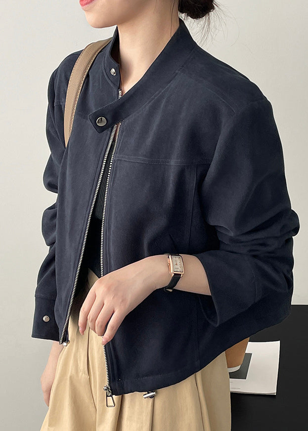 Navy Short Coat Outwear Zip Up Stand Collar Drawstring Fall Wd007