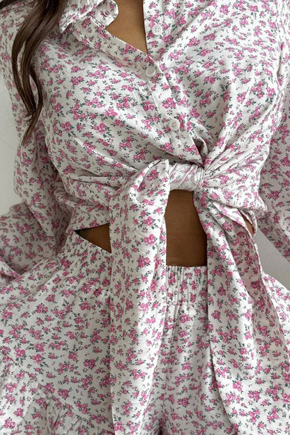 Long Sleeve Lapel Ruffle Shorts Two Piece Set