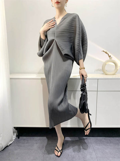 Original Creation Loose Batwing Sleeves Pleated Color V-neck Midi Dresses