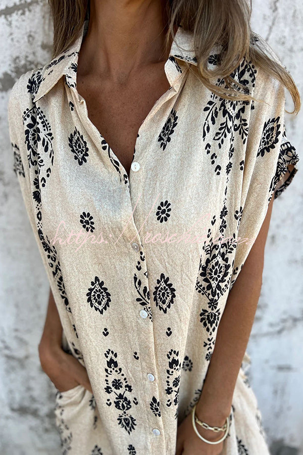 Linen Blend Unique Print Lapel Pocket Mini Dress
