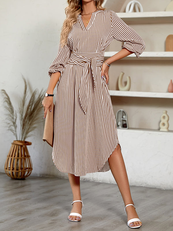 A-line Long Sleeves Striped Tied Waist V-neck Midi Dresses Shirt Dress