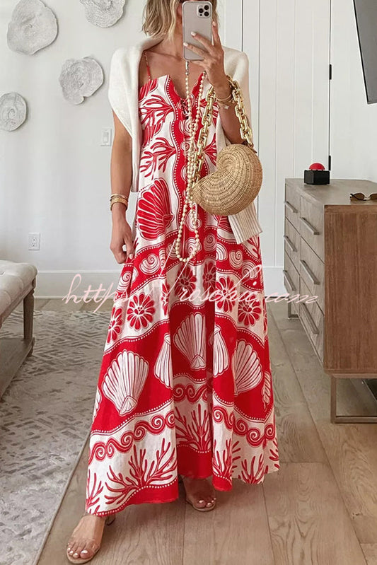 Shell Unique Print Front Lace-up Loose Maxi Dress