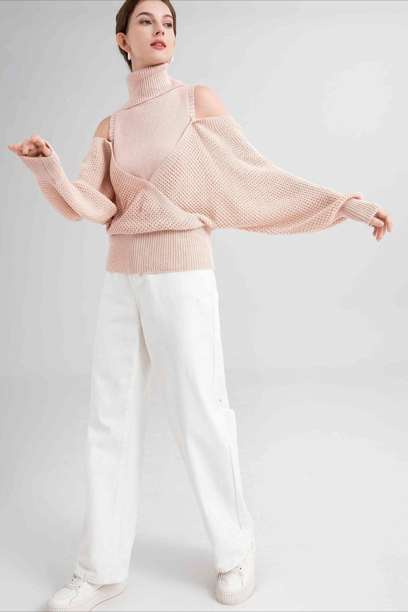 High Neck Off-shoulder Double Layer Knit Sweater