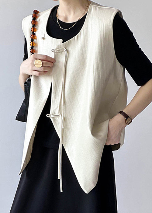 Beige Chinese Button Cotton Waistcoat O Neck Fall Af1062