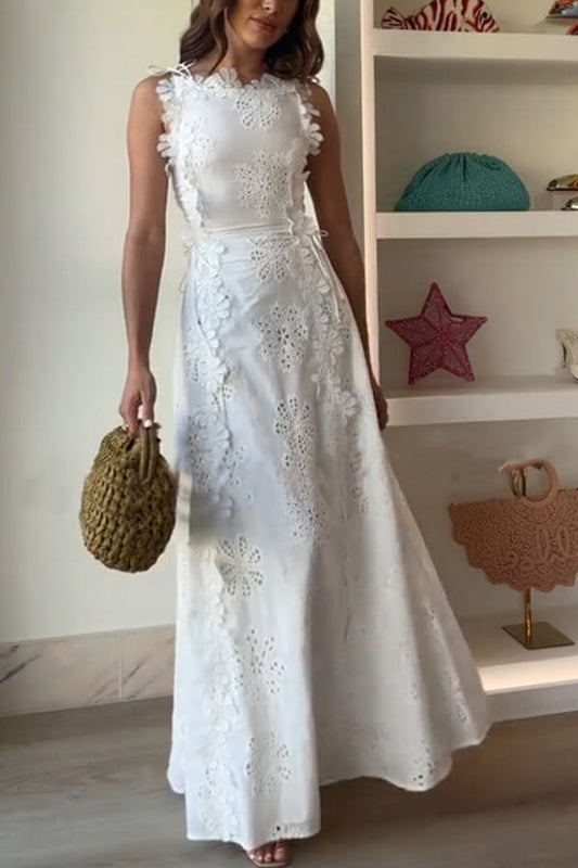 Delicate Lace Hook and Lace Up Sides Maxi Dress