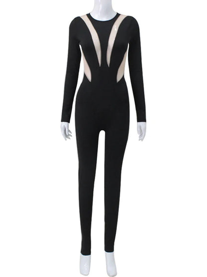 Mesh Stitching Jumpsuit Long Sleeve Bodycon One Piece See Through Monos Mujer Elegante Club ’s Playsuit