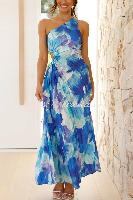 Laken Print One Shoulder Adjustable Tie Cutout Pleated Maxi Dress