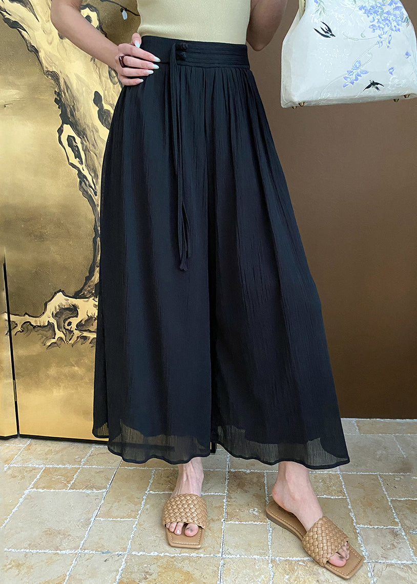 Black Zippered Pockets Cotton Summer Wide Leg Pants Af1096