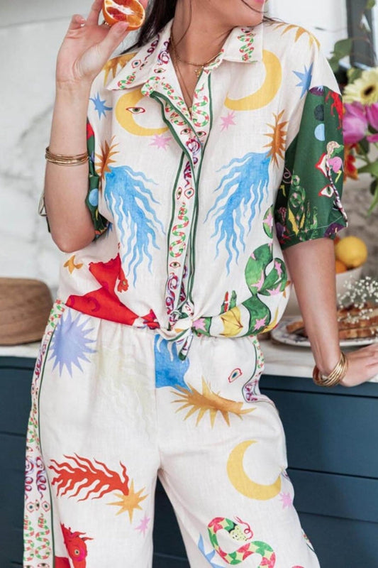 Beauty Unique Print Short Sleeve Loose Shirt and Elastic Waist Pants Set