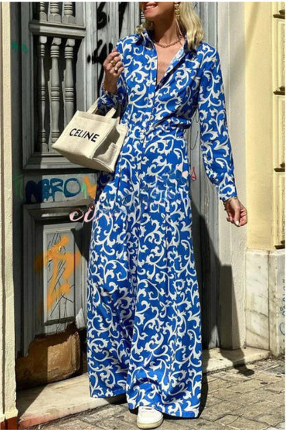 Print Lapel Button Pocket Long Sleeve Shirt Maxi Dress