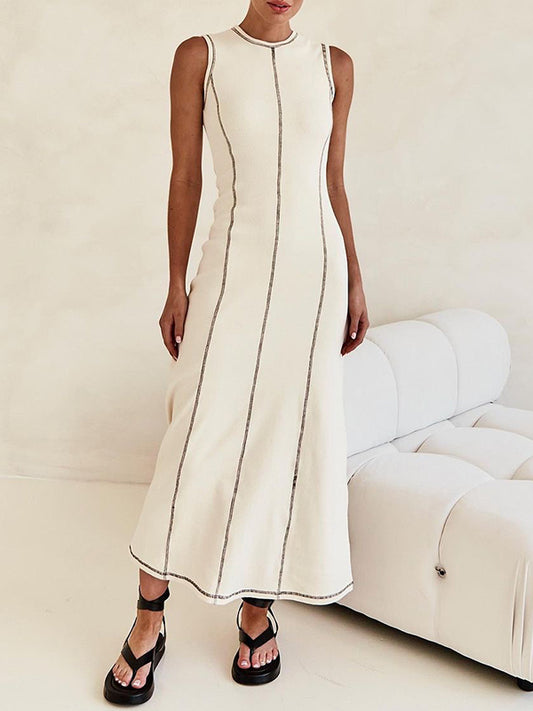 A-line Sleeveless Split-joint Striped Round-neck Maxi Dresses