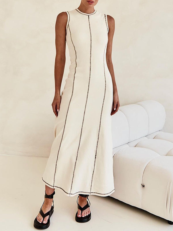 A-line Sleeveless Split-joint Striped Round-neck Maxi Dresses