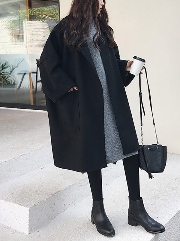 Loose Khaki Notched Collar Buttoned Pockets Long Sleeves Woolen Coat Ws013