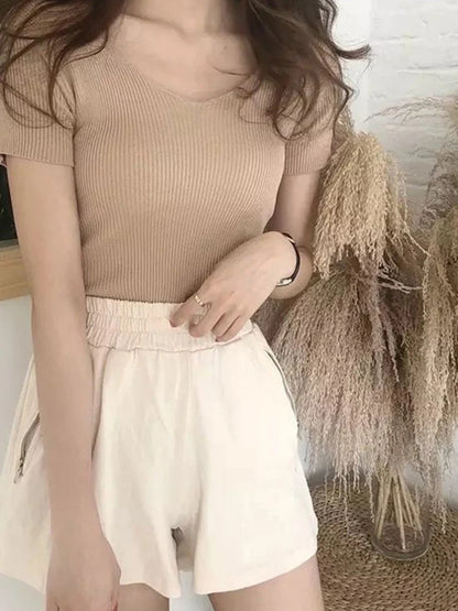 Tee Tops for V-neck Short Sleeve T-shirt Woman Slim Color T Shirts