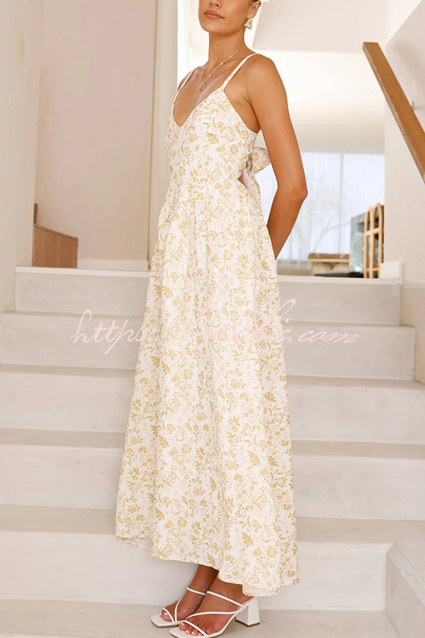 Print V-neck Sleeveless Back Tie Pocket Maxi Dress