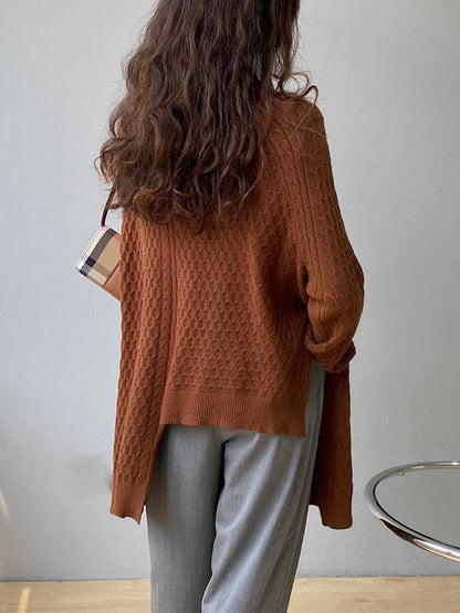 Retro Oatmeal Round-neck Split-side Long Sleeve Twist Knit Sweater An1045