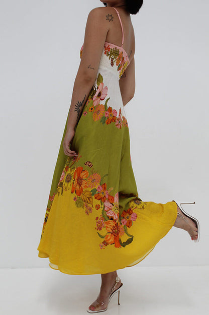 Linen Blend Contrast Print Back Smocked Pocket Maxi Dress