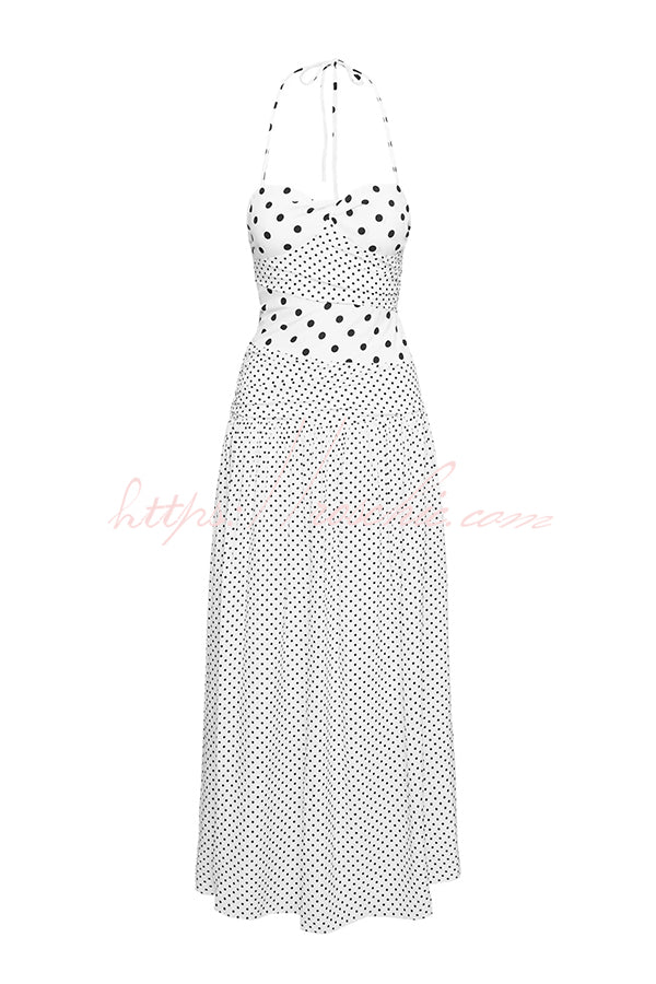 Polka Dot Print Halterneck Tie-stitched Slim Maxi Dress