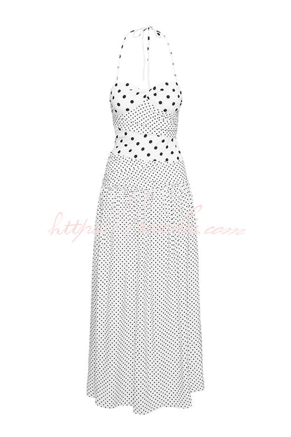 Polka Dot Print Halterneck Tie-stitched Slim Maxi Dress