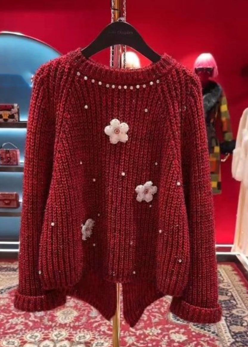 Stylish Red O-neck Nail Bead Thick Cotton Knit Sweater Tops Winter Wd037