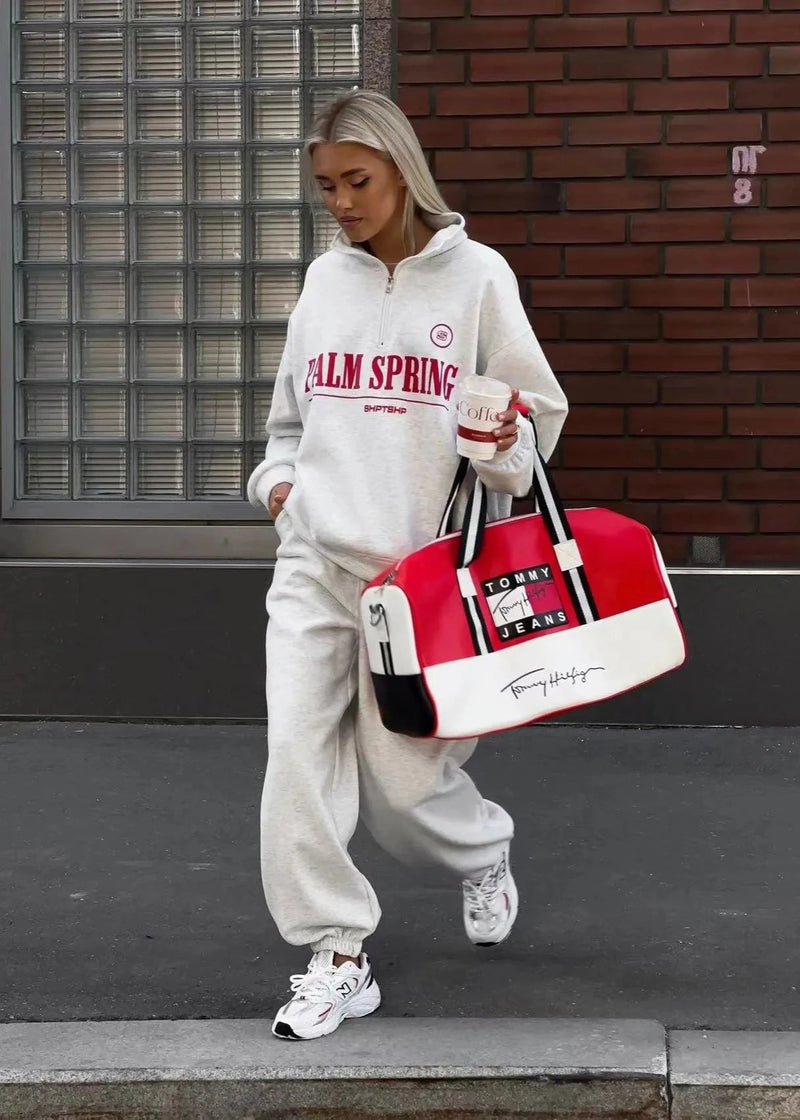 Palm Springs Vibe - Letter Print Zip-up Sweater Set