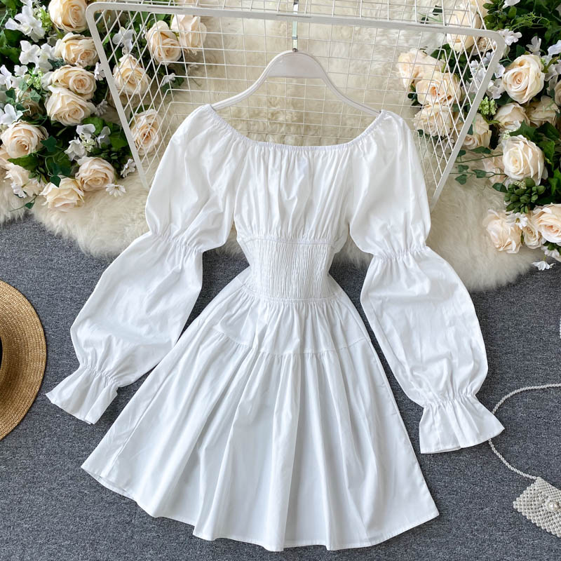 Simple White Off Shoulder Lace-up Waist Puff Sleeve Mini Dress