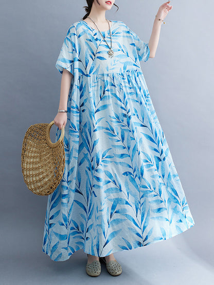 Loose Short Sleeves Leaf Pleated Printed Split-joint Round-neck Midi Dresses