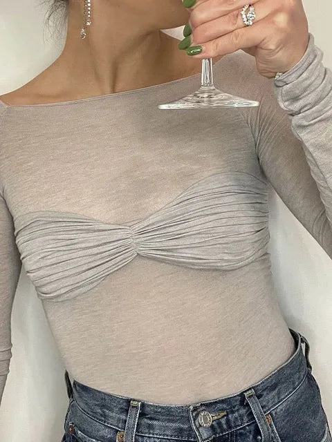 Long Sleeve Shoulder Gauze T-shirts Slim Versatile T-shirt Spring Female Off Shouler Tops