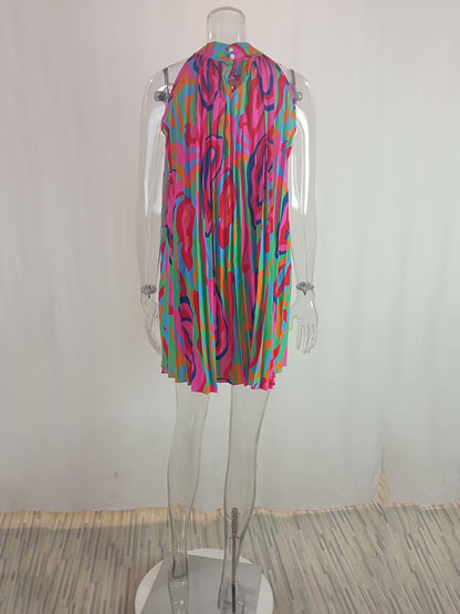 Loose Pleated Printed Halter-neck Mini Dresses Short Dresses