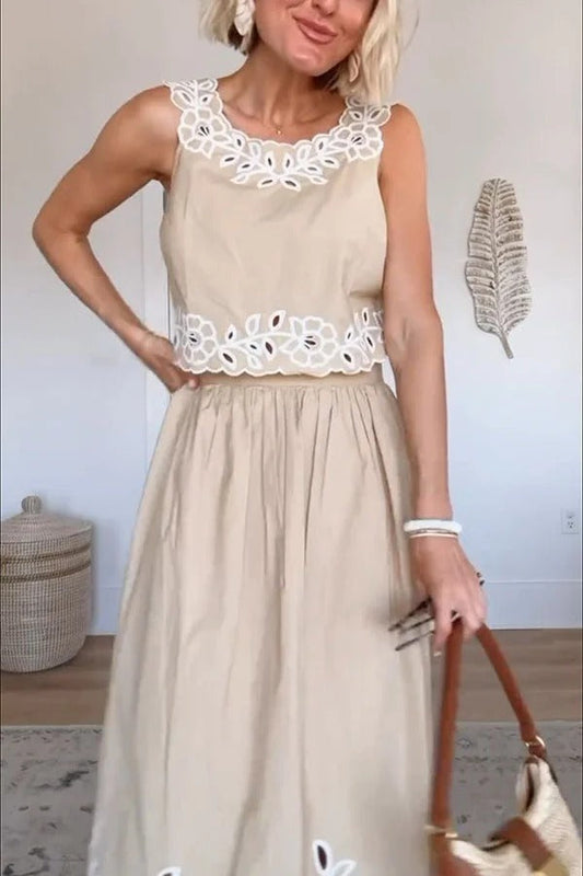 Vacation Season Eyelet Poplin Tank and High Rise Elastic Waist Midi Skirt