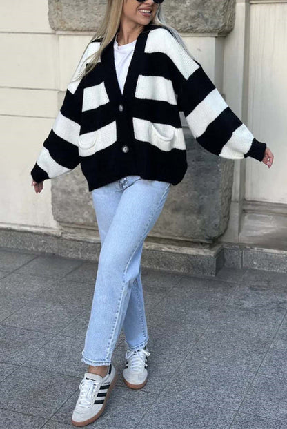V-neck Long-sleeved Striped Pocket Knitted Cardigan