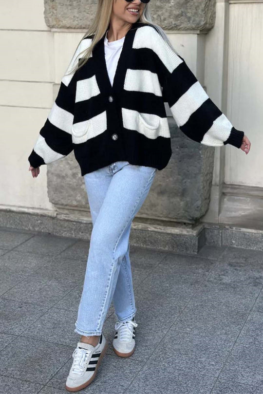 V-neck Long-sleeved Striped Pocket Knitted Cardigan