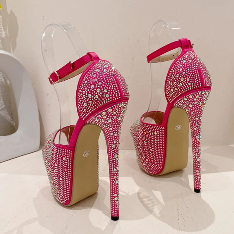 Liyke Summer Crystal Rhinestone Silk Platform Sandals Peep Toe Stripper Heels Wedding Banquet Shoes Pumps