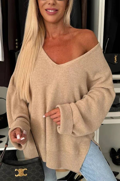Cold Weather Knit Color Long Sleeve V-neck Irregular Relaxed Sweater