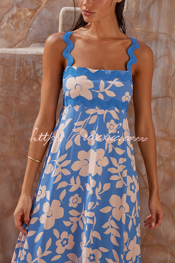 Vivi Print Wavy Suspender Side Zip Maxi Dress