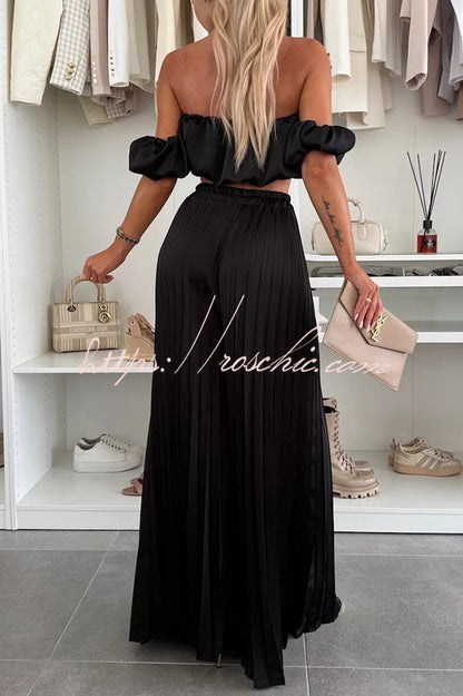 Jorie Satin Off Shoulder Puff Sleeve Crop Top and Elastic Waist Pleated Wide Leg Pants Set