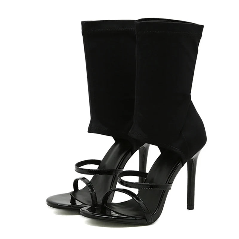 Liyke Summer Design Open Toe Slip-on Elastic Boots Sandals White Cut-out Thin High Heels Ankle Booties Shoes