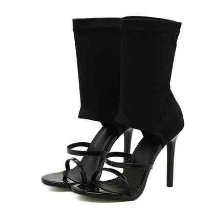 Liyke Summer Design Open Toe Slip-on Elastic Boots Sandals White Cut-out Thin High Heels Ankle Booties Shoes