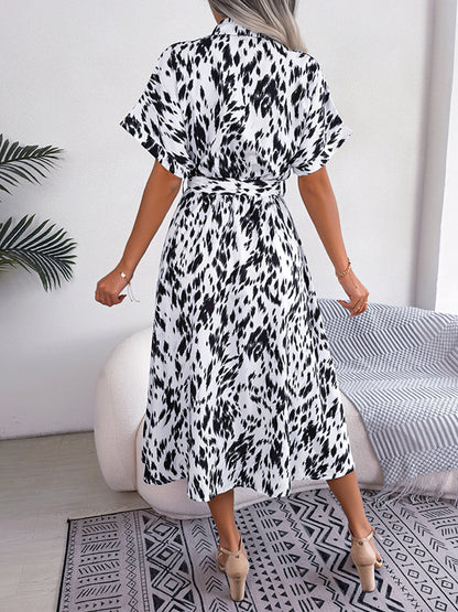 Loose Short Sleeves Leopard Ribbed Lapel Midi Dresses
