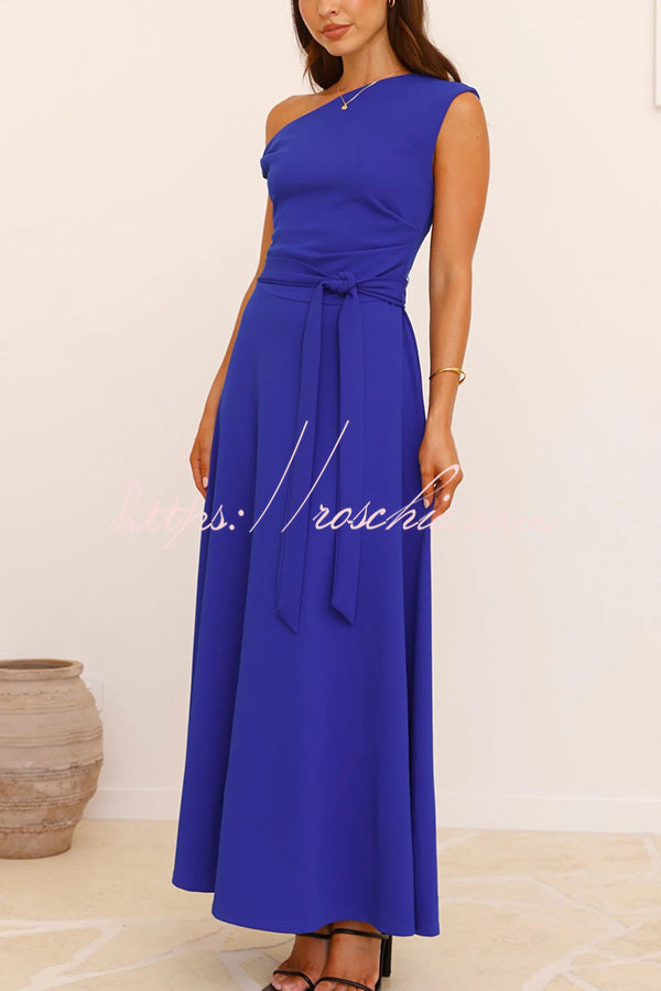 Color Sloped Collar Slim Fit Waist Lace Up Full Hem Maxi Dress