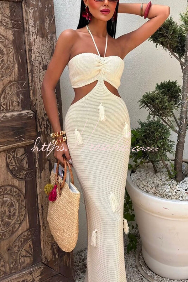 Halterneck Waist-baring Tassel-embellished Knitted Maxi Dress