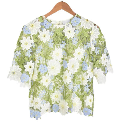 Boutique Green O-neck Hollow Out Embroidery Short Sleeve Blouse