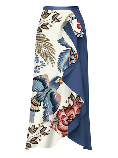 V Neck Ruffle Print Swimsuit and Skirt