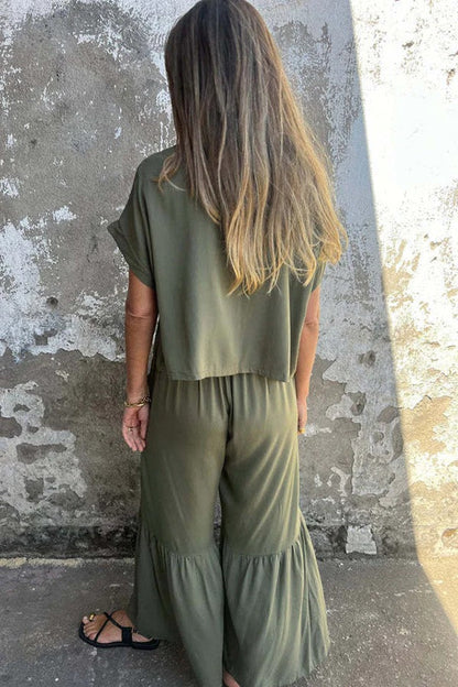 Color Crew Neck Short-sleeved Top and Elastic Waist Tie Pocket Wide Leg Pants Set