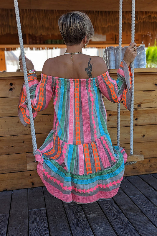 Friendly Shores Linen Blend Print Off Shoulder Loose Mini Dress