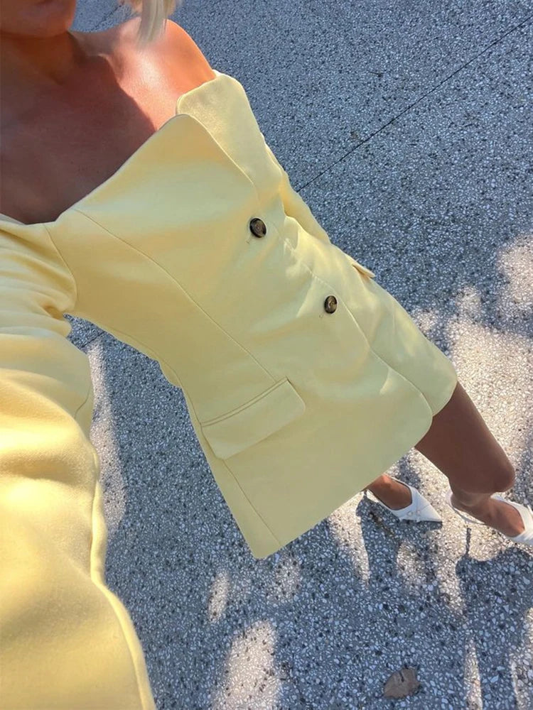 Off-shoulder Strapless Blazer Dress for Zipper Two Pocket Long Sleeve Backless Mini Dress
