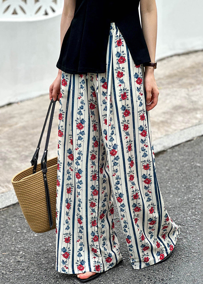 Loose Print Pockets Elastic Waist Wide Leg Pants Summer Af1052