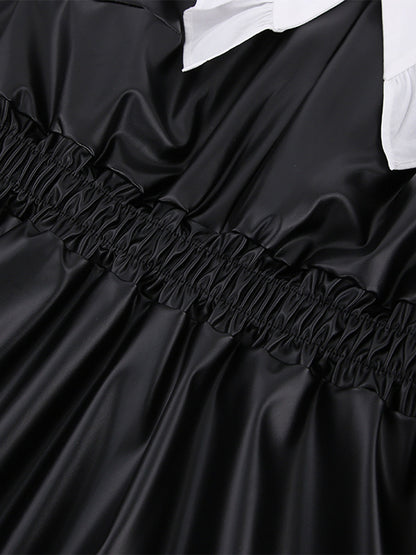 Loose Puff Sleeves Elasticity Pleated Split-joint Peter Pan Collar Mini Dresses