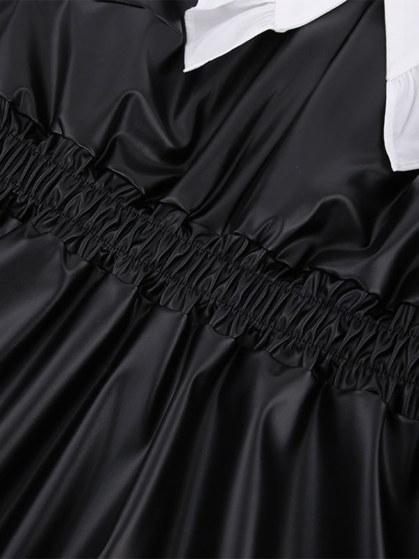 Loose Puff Sleeves Elasticity Pleated Split-joint Peter Pan Collar Mini Dresses